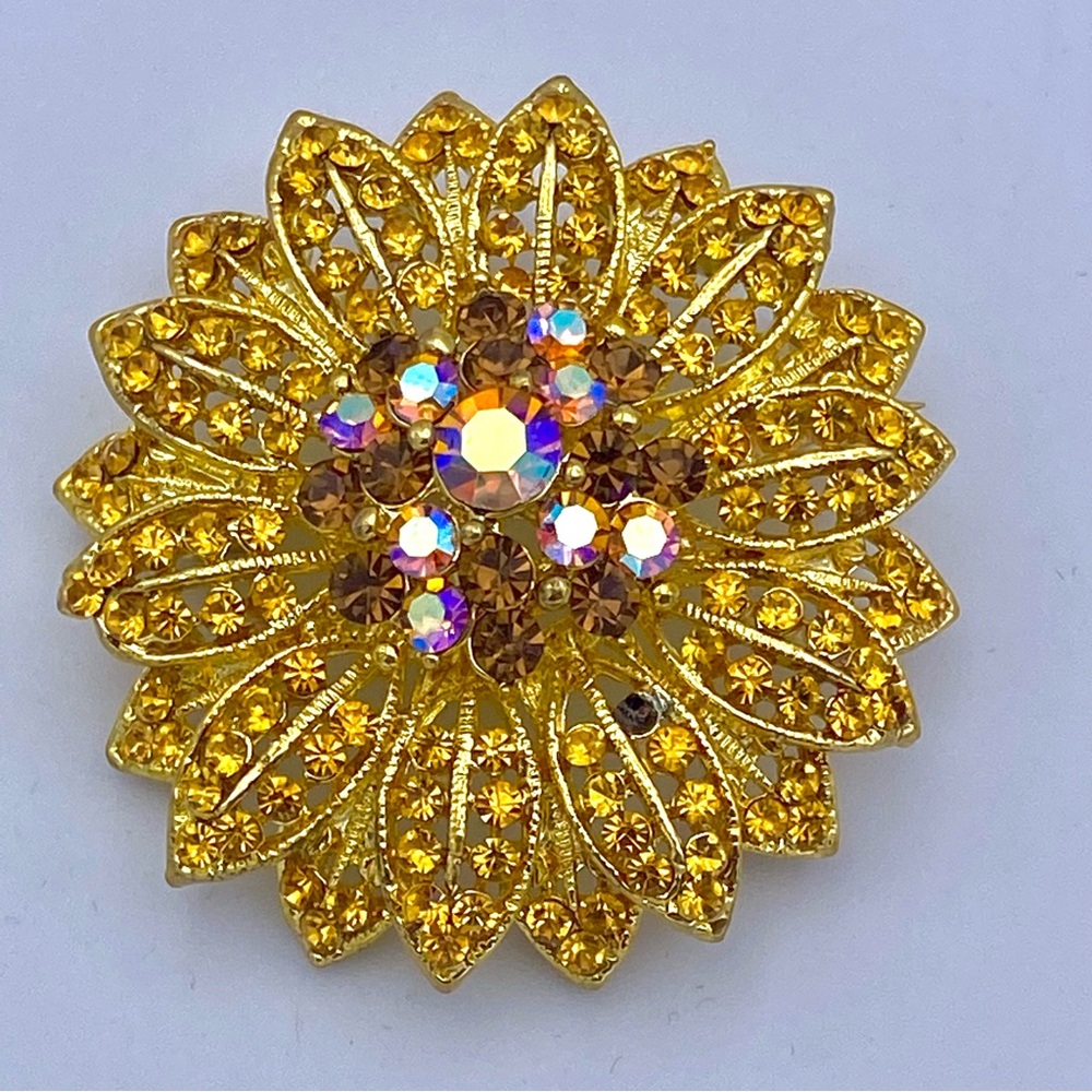 Vintage Gold & Brown Rhinestone Brooch